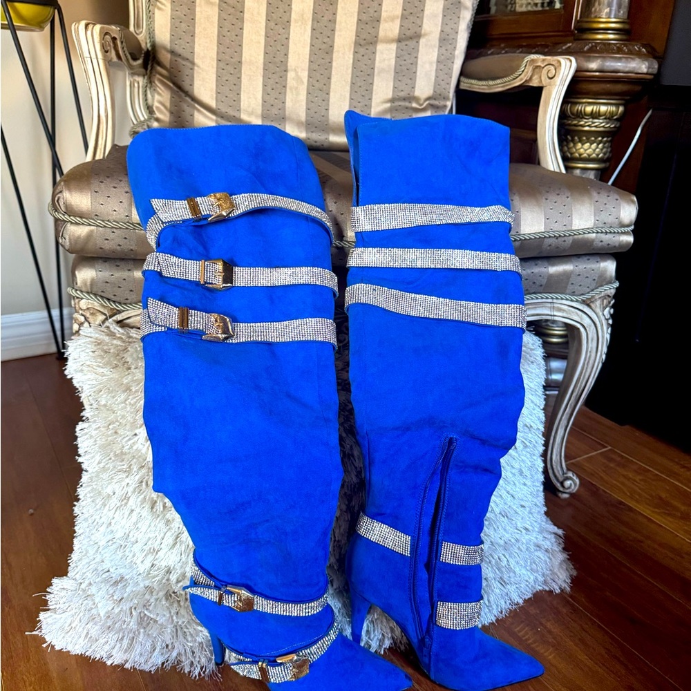 Over the knee royal blue sexy boot .